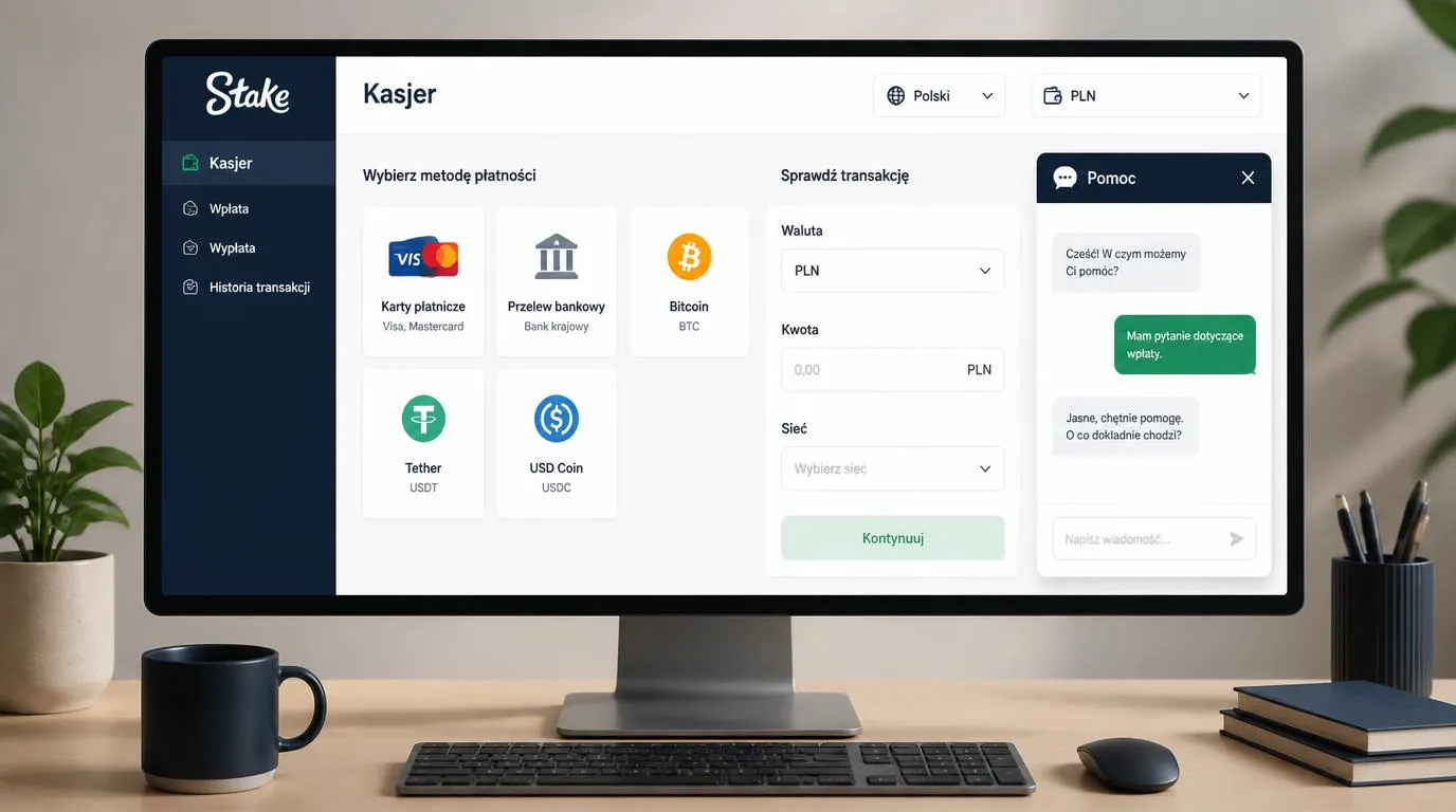 Panel kasy w języku polskim z walutą PLN, metodami płatności i oknem czatu pomocy